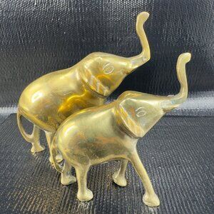 Vintage 1980s Heavy Metal Brass Elephant Figurine Set 2 Figure Decorative VTG